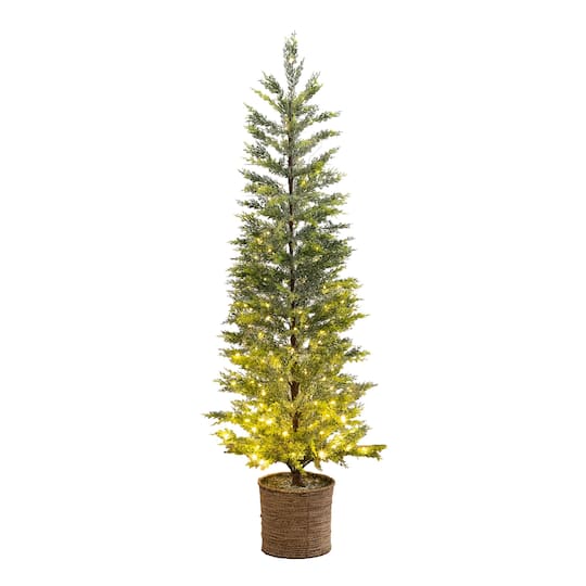 Nearly Natural 5ft. Pre-Lit Snowed Cypress Artificial Christmas Tree in Hyacinth Basket, Clear LED Lights